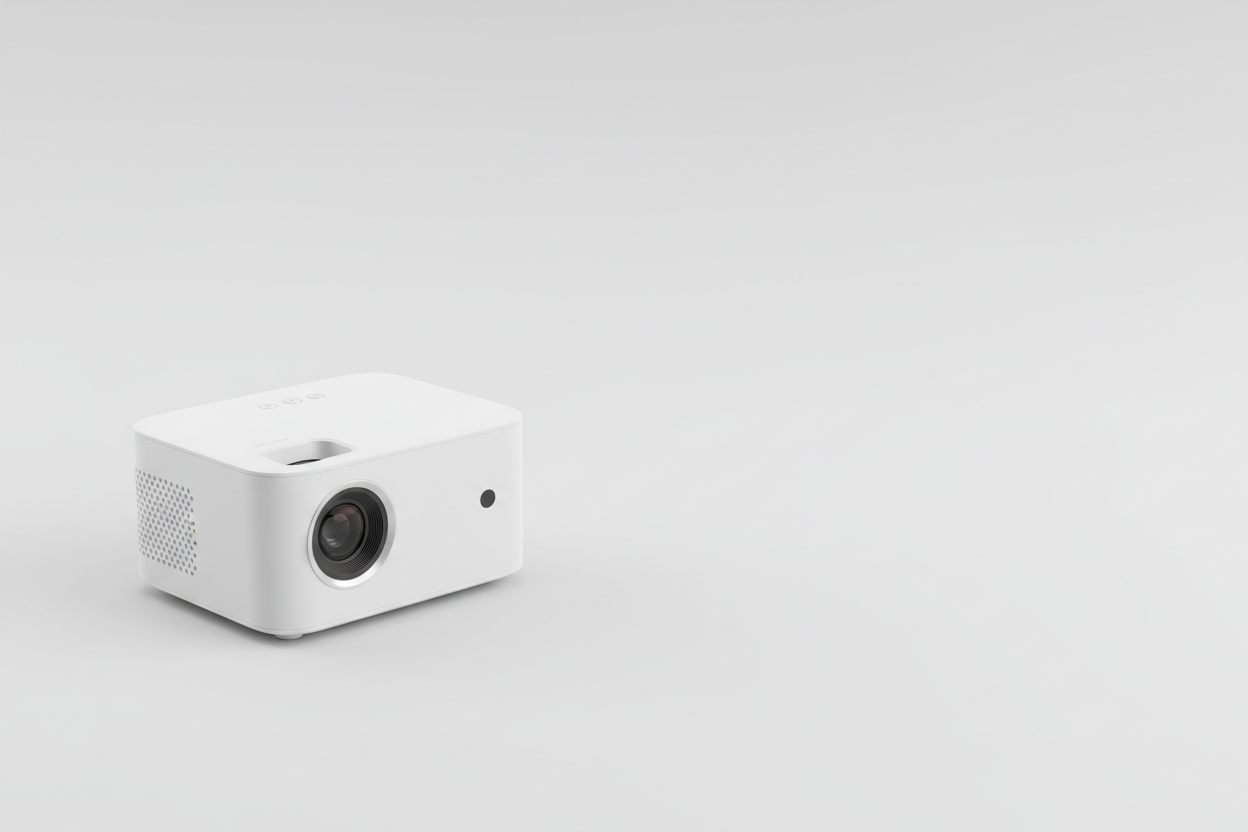 Prompt: A sleek, modern, unbranded generic portable projector, white minimalist design. Professional studio product photography. The projector is positioned clearly on the left side of the frame, occupying the left third of the image composition. There is wide empty negative space on the entire right side. Isolated on a solid, seamless background with the exact hex color #f2f6fc. Soft, diffused studio lighting.
Negative - not : text, writing, letters, typography, logos, branding, brand names, watermarks, s