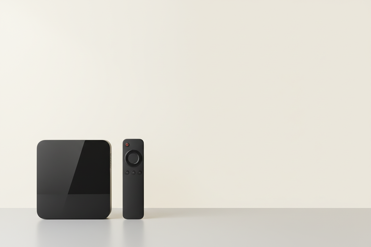 Prompt: Modern unbranded black streaming media box paired with a simple minimalist remote control placed next to it. Both items positioned clearly on the left side. Wide empty negative space on the right. Background exact hex color #fbf9f5. Soft studio lighting.

Negative do no : text, letters, logos, branding, brand names (Apple TV), watermarks, visible cables, heavy shadows, centered object.